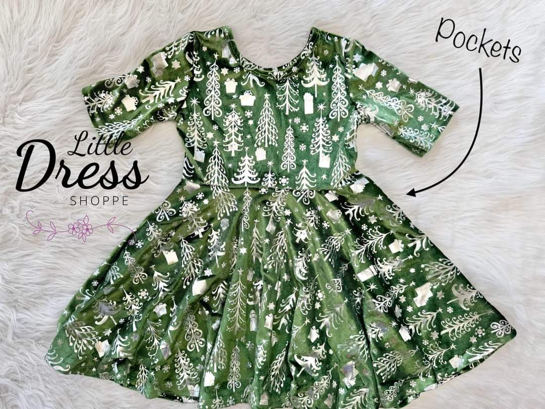 Moss Green Velvet Tree Twirl Dress