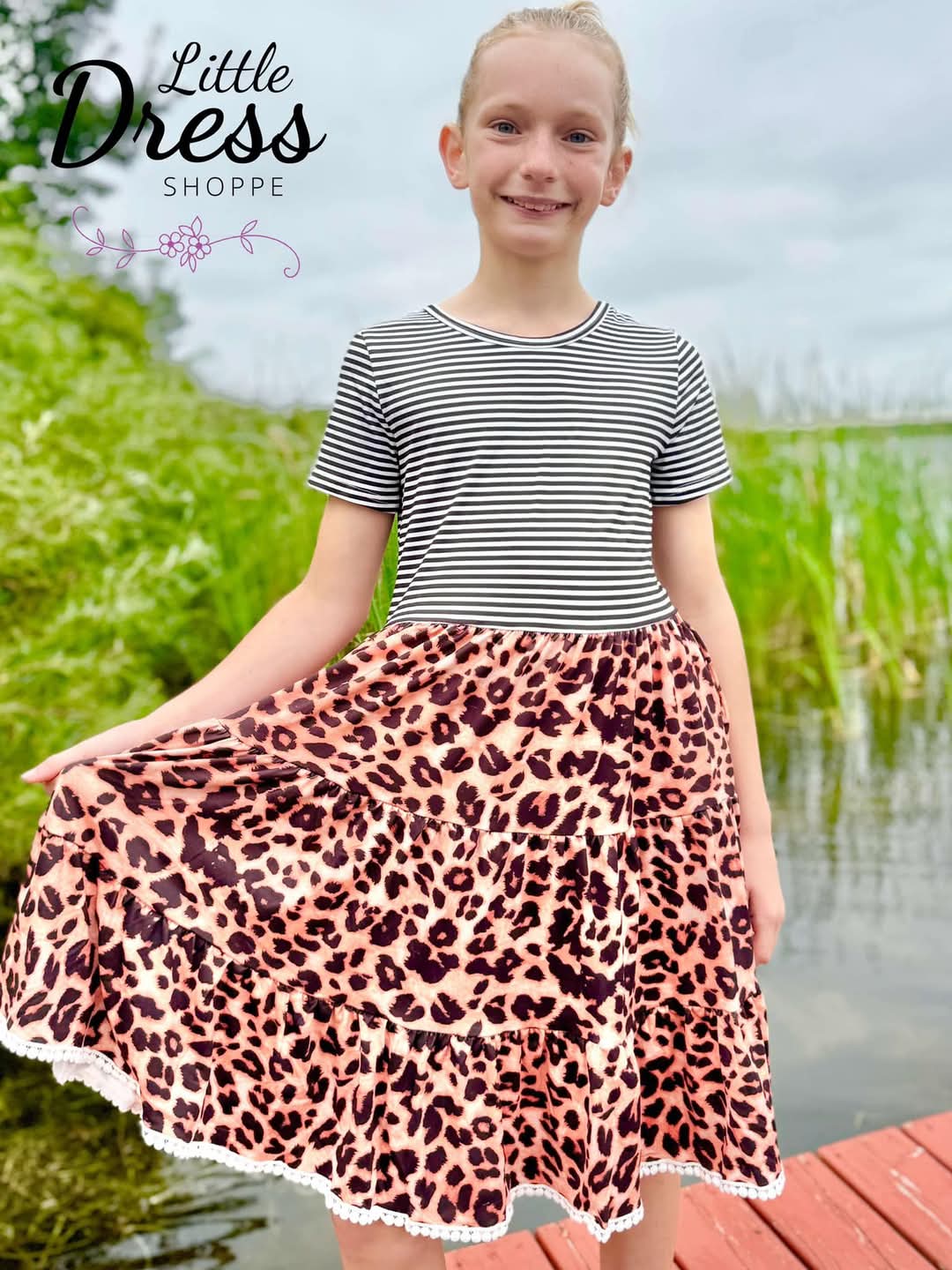 Striped Top Leopard Tier Twirl Dress