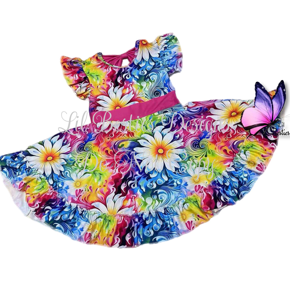 Rainbow Daisy Bow Back Twirl Dress