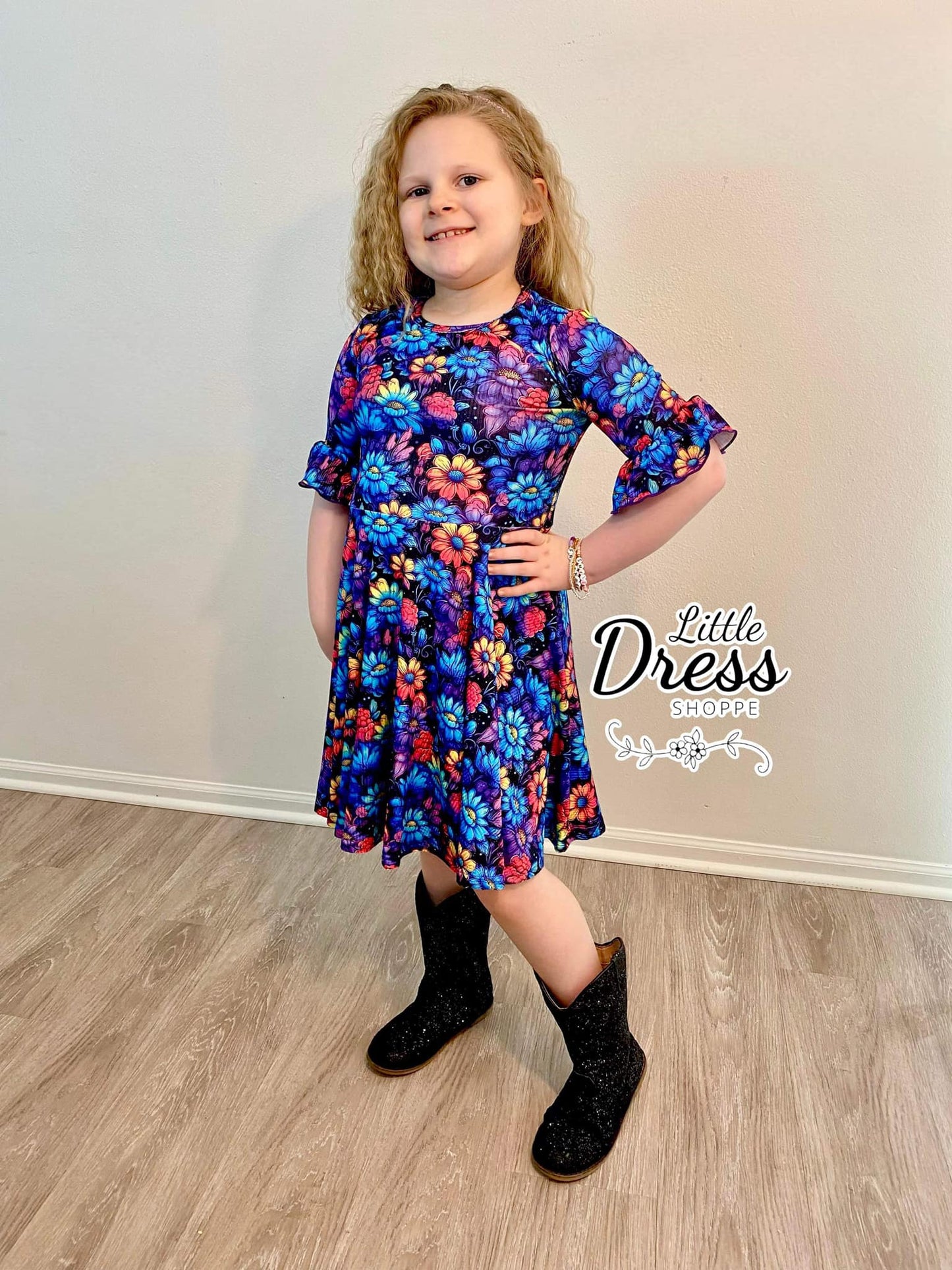 Dark Floral Ribbed Twirl Dress