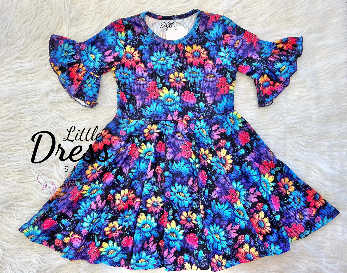 Dark Floral Ribbed Twirl Dress