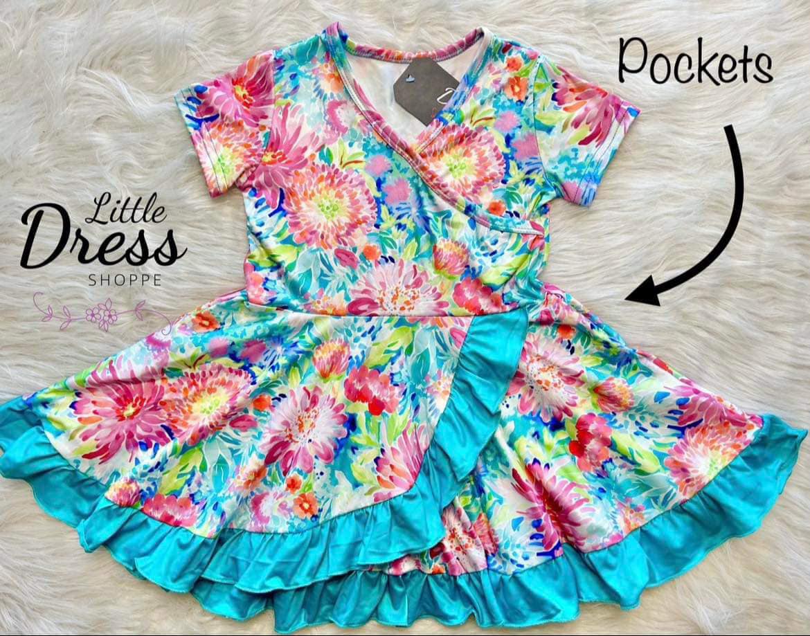 Teal Floral Faux Wrap Dress
