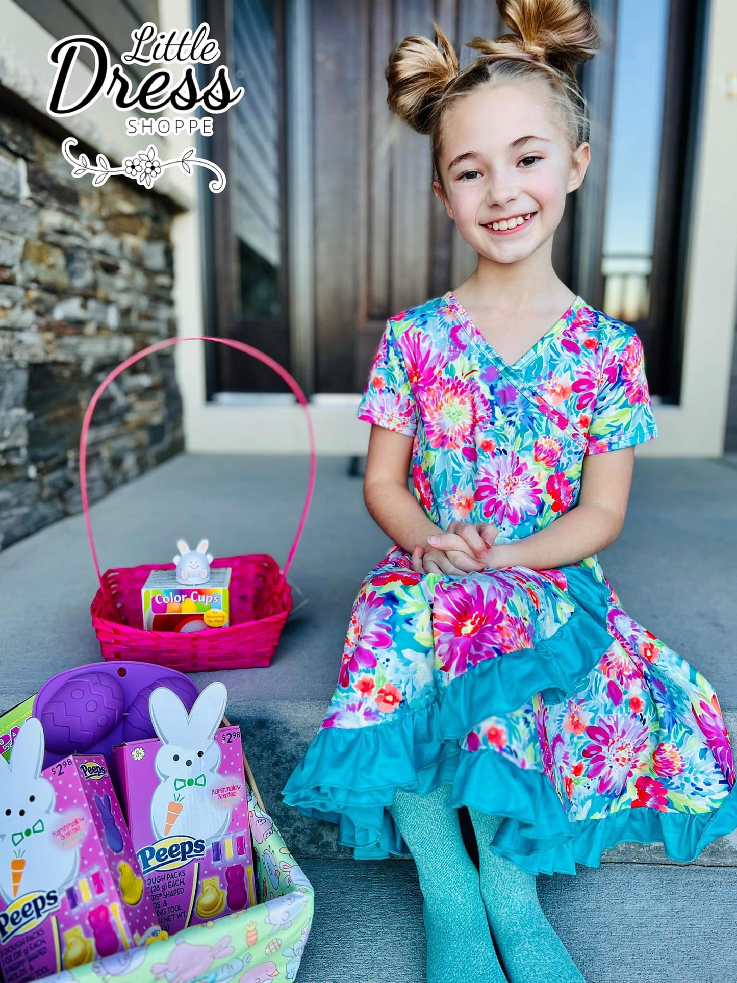 Teal Floral Faux Wrap Dress