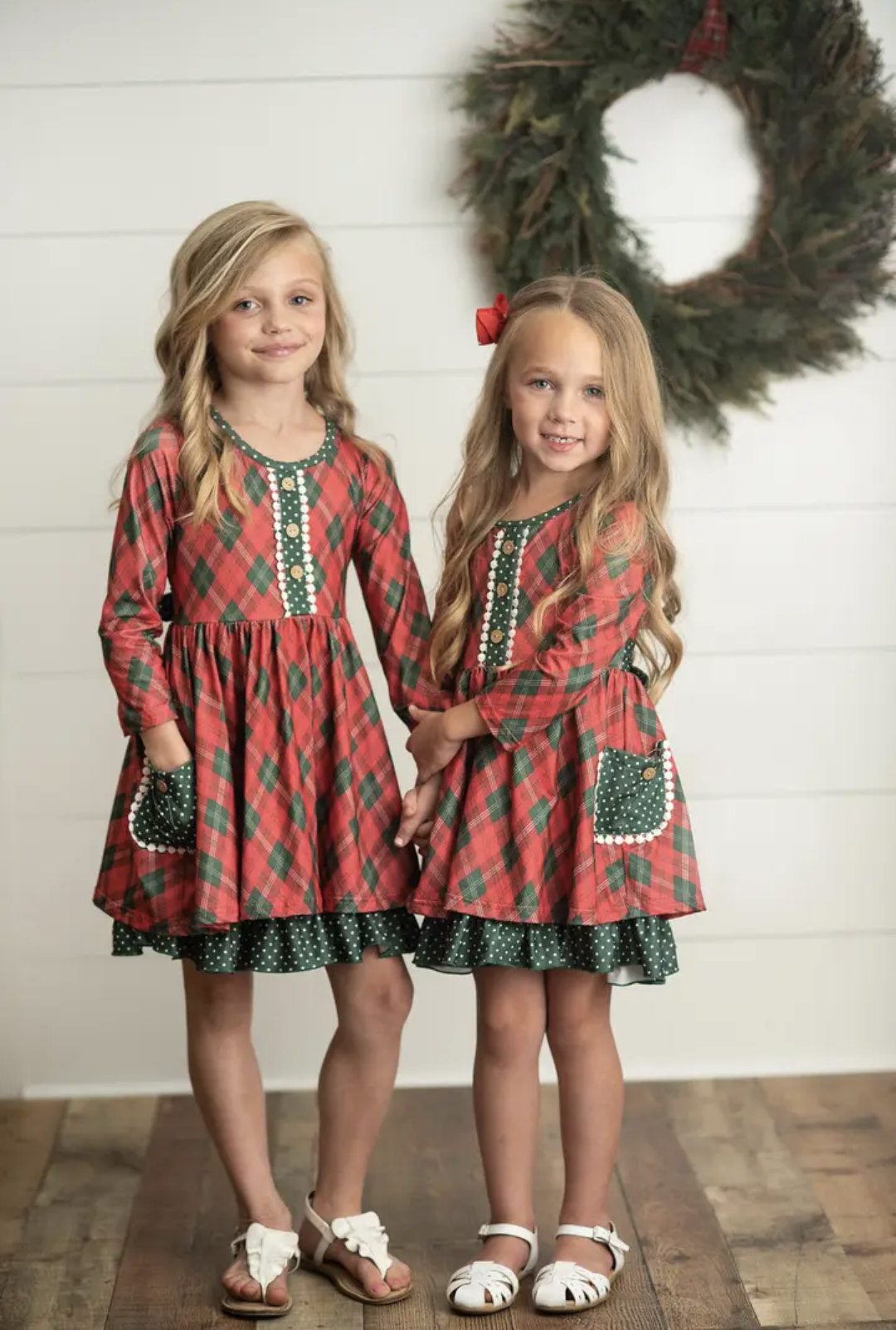 Red & Green Plaid Ruffle Button Dress
