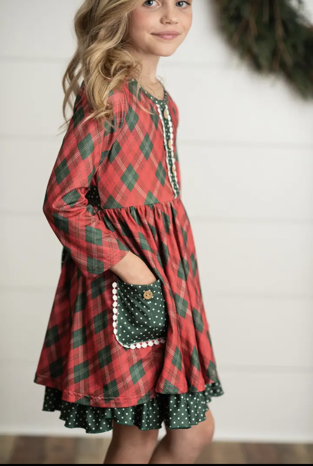 Red & Green Plaid Ruffle Button Dress
