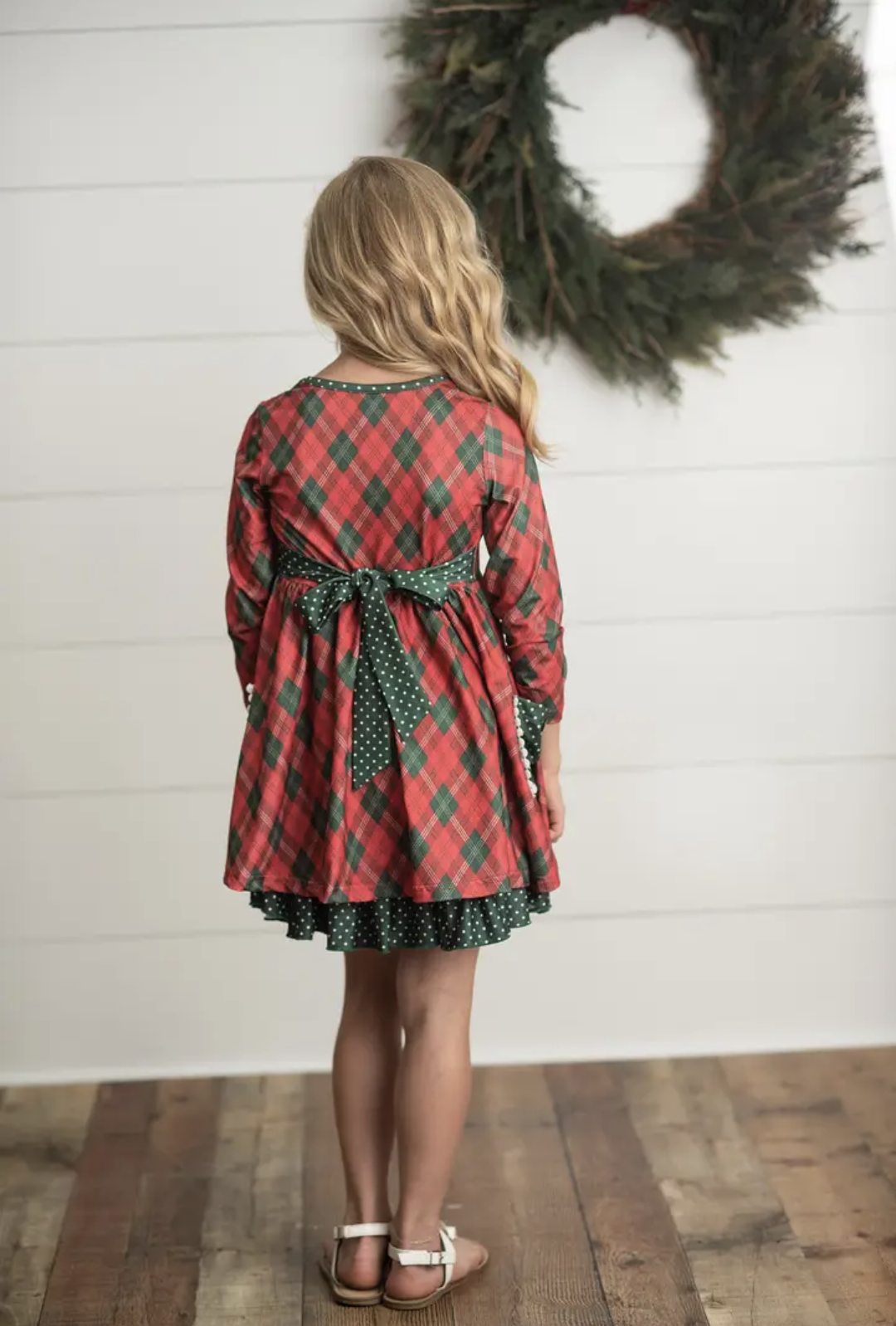 Red & Green Plaid Ruffle Button Dress