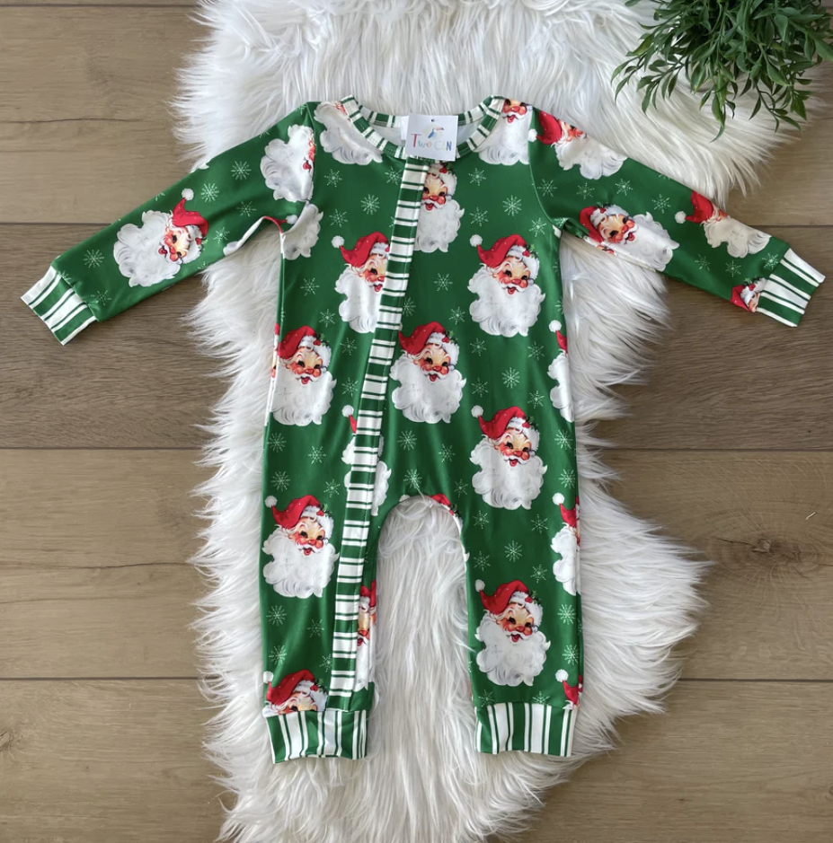 Green Vintage Santa Zipper Romper