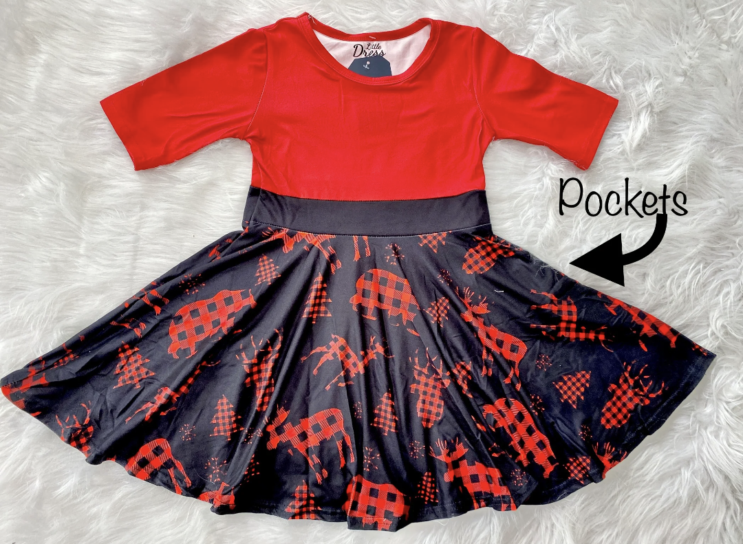 Woodland Animal Buffalo Plaid Twirl Dress
