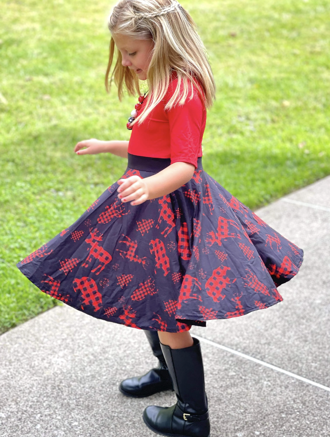Woodland Animal Buffalo Plaid Twirl Dress