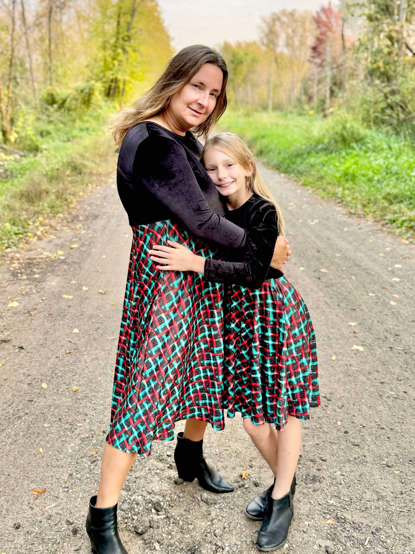 Velvet Top Christmas Plaid Twirl Dress