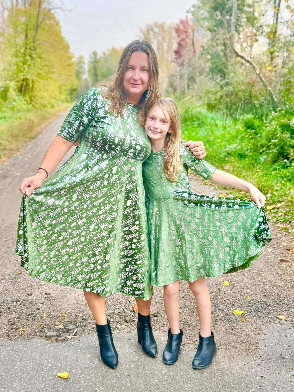 Moss Green Velvet Tree Twirl Dress