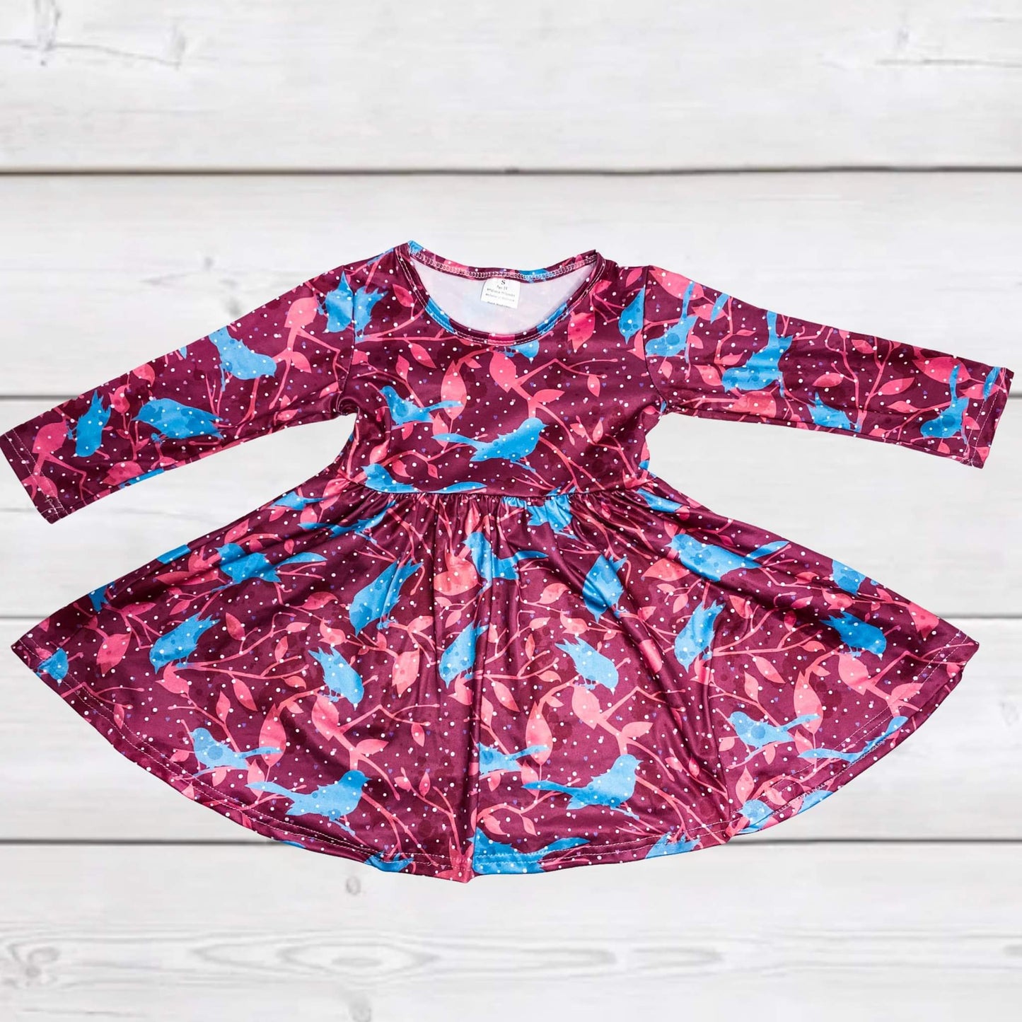 Burgundy Birds in the Snow Twirly Dress
