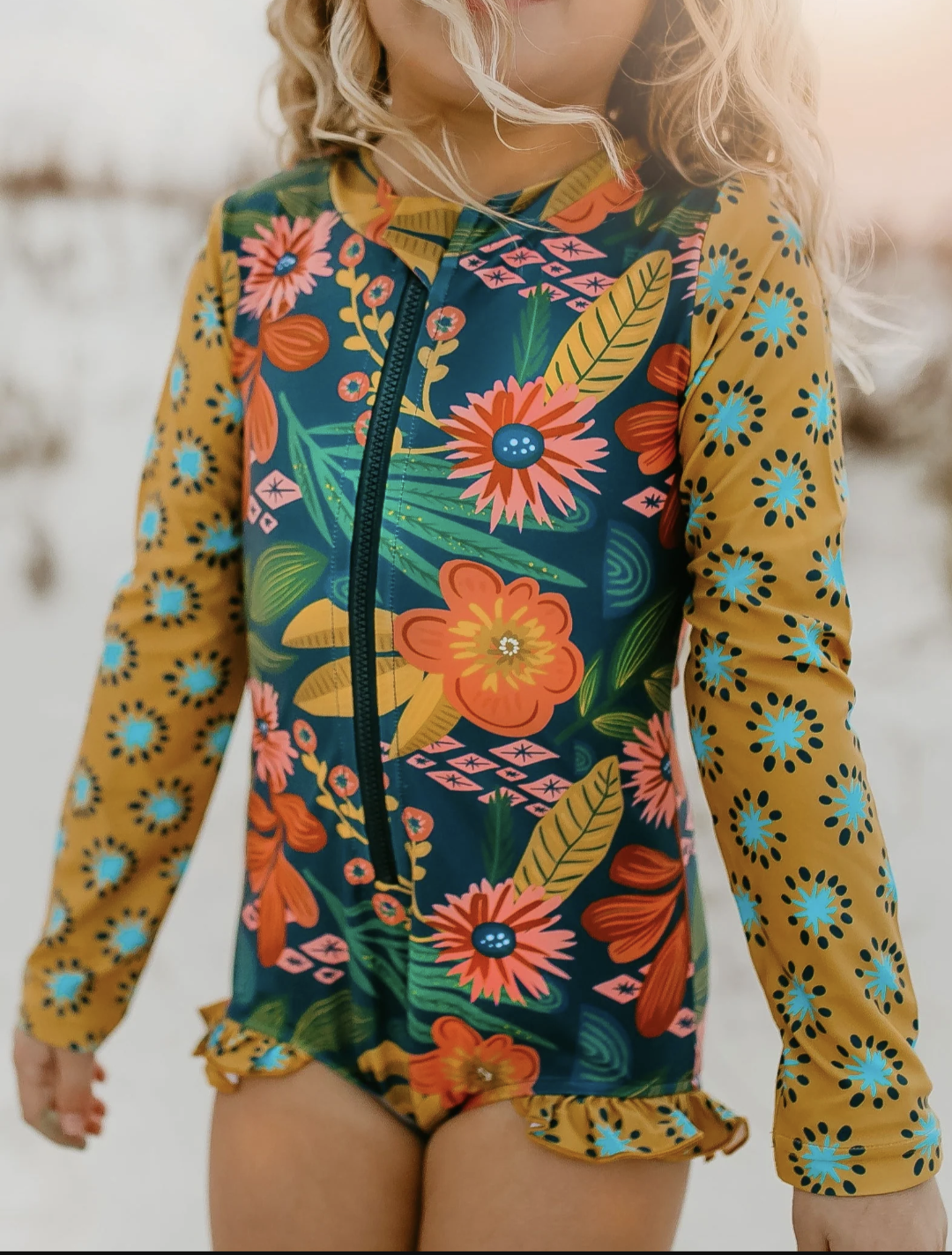 Mustard Tropical Rash Guard Zipper Swimsuit