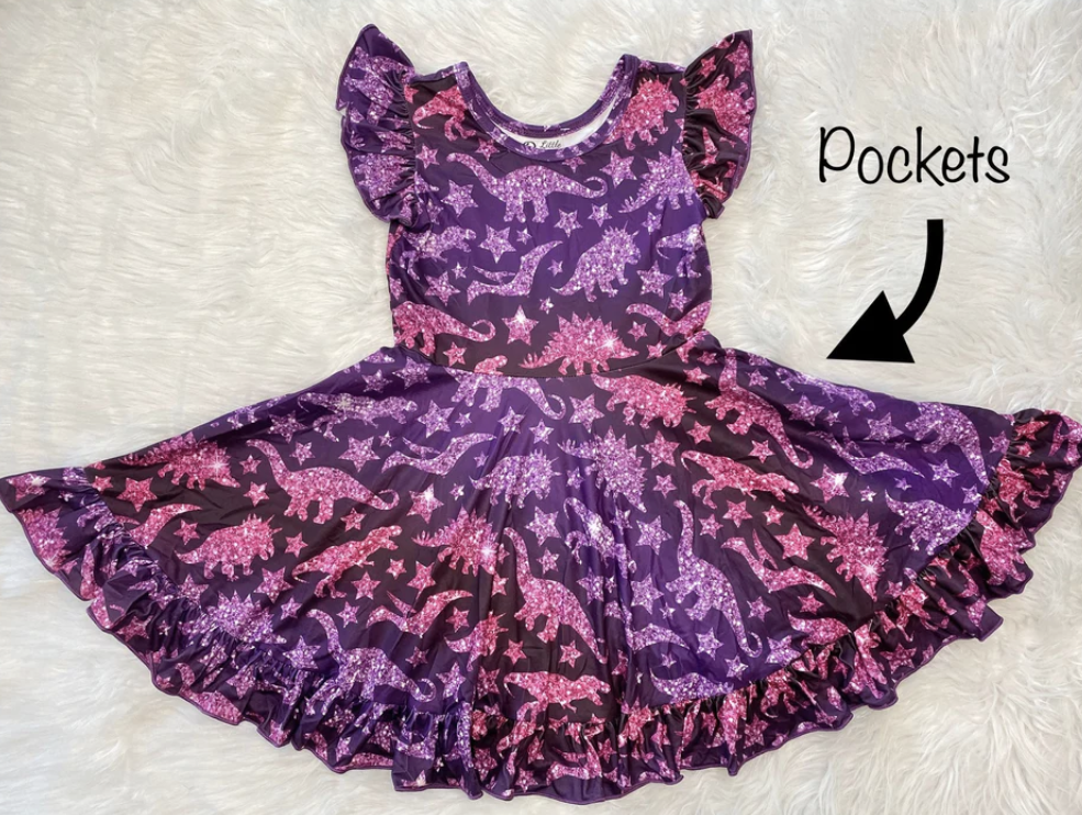 Sparkly Dino Flutter Sleeve Twirl Dress