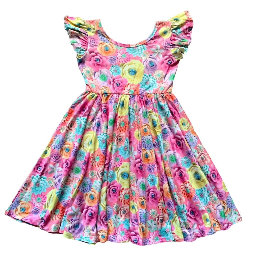 Pastel Floral Magic Flutter Sleeve Twirl Dress