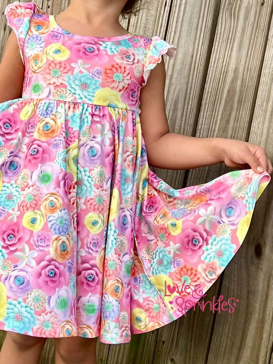 Pastel Floral Magic Flutter Sleeve Twirl Dress