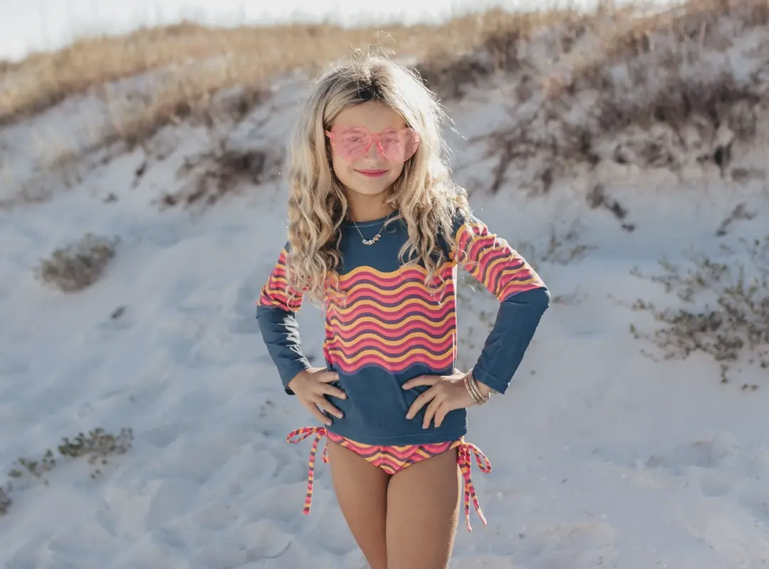 Coral & Navy Wave Rash Guard Set