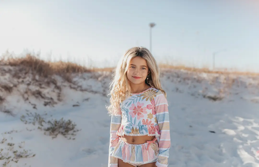 Pink Stripe Floral Rash Guard Set