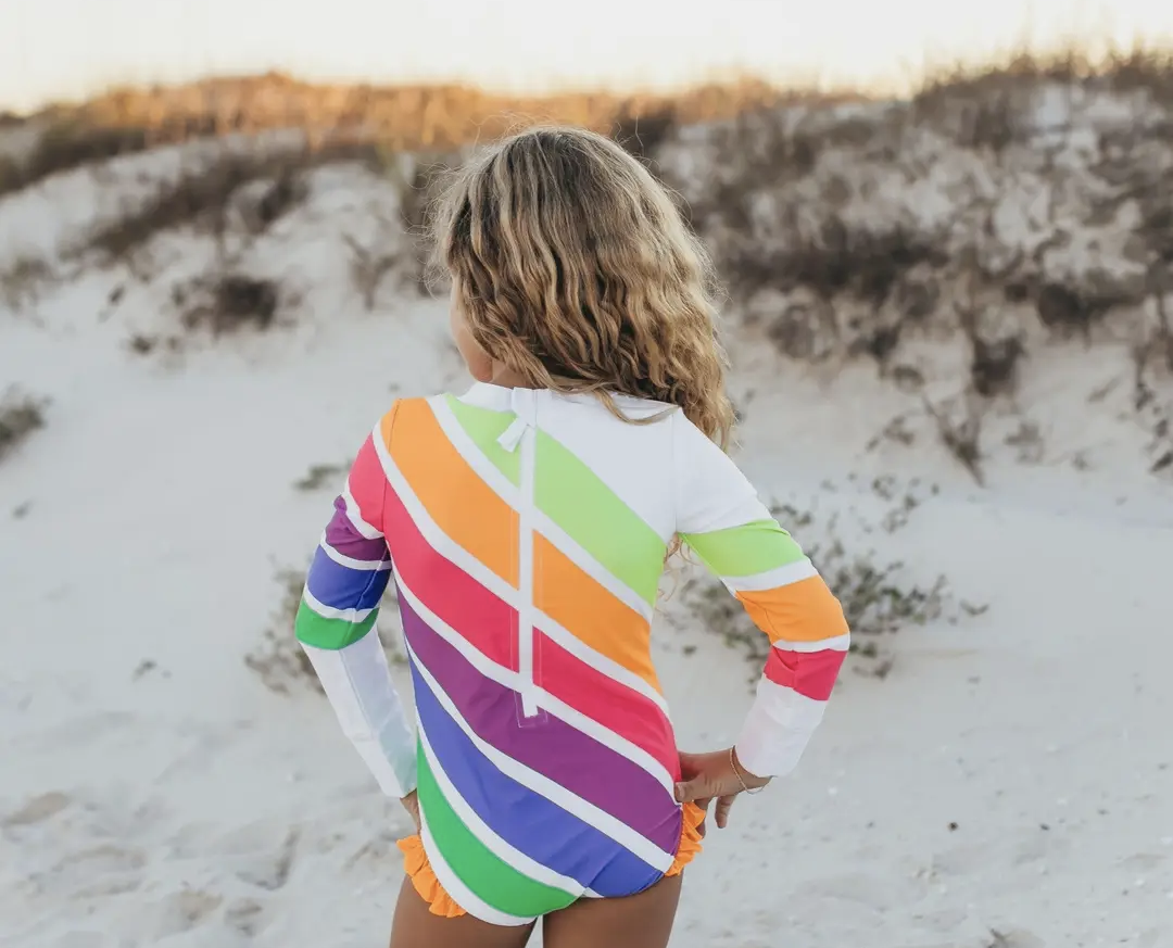 Neon Stripe Rash Guard Zipper Swimsuit