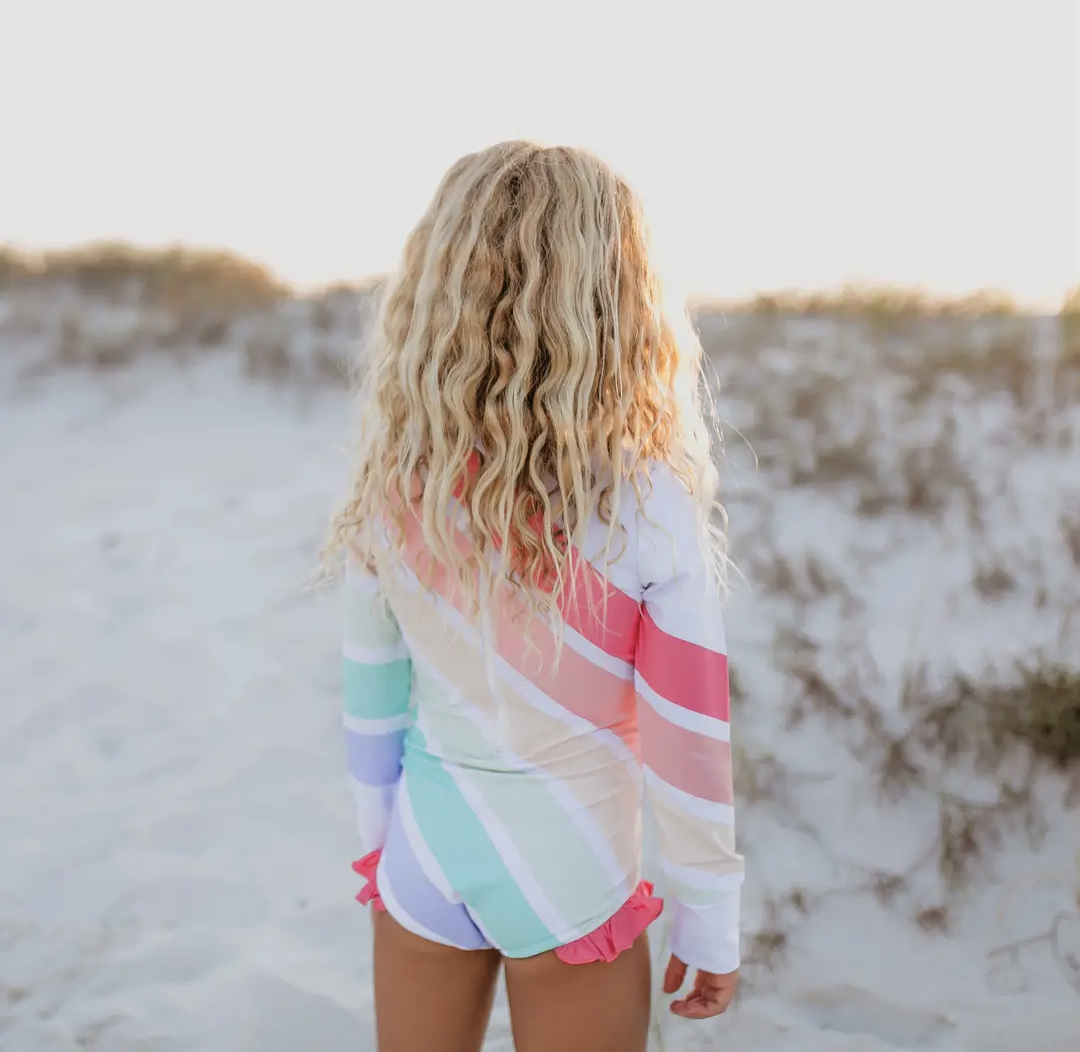 Pastel Stripe Rash Guard Zipper Swimsuit