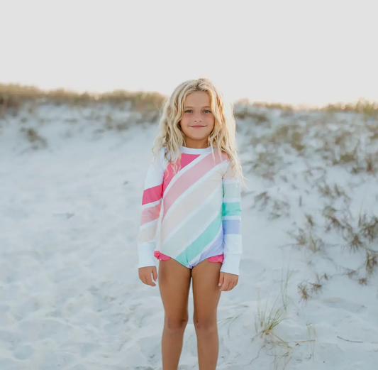 Pastel Stripe Rash Guard Zipper Swimsuit