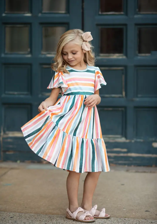 Boho Striped Flutter Sleeve Dress