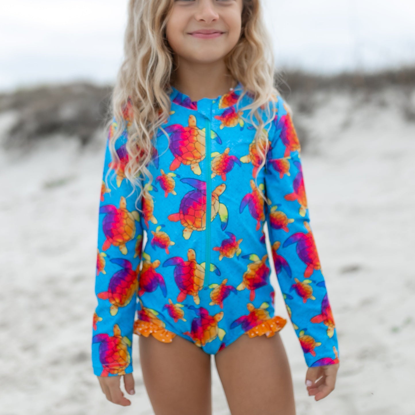 Blue Rainbow Turtle Rash Guard Zipper Swimsuit