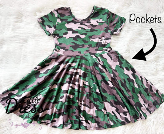 Camo Short Sleeve Twirl Dress