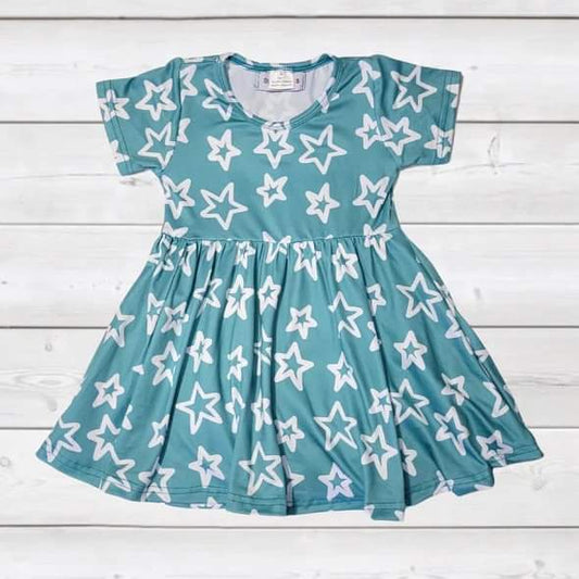 White Stars on Seafoam Twirl Dress