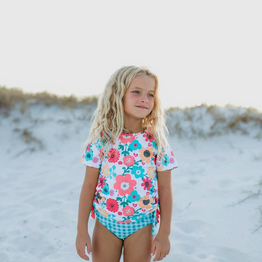 Teal Gingham Rash Guard Set