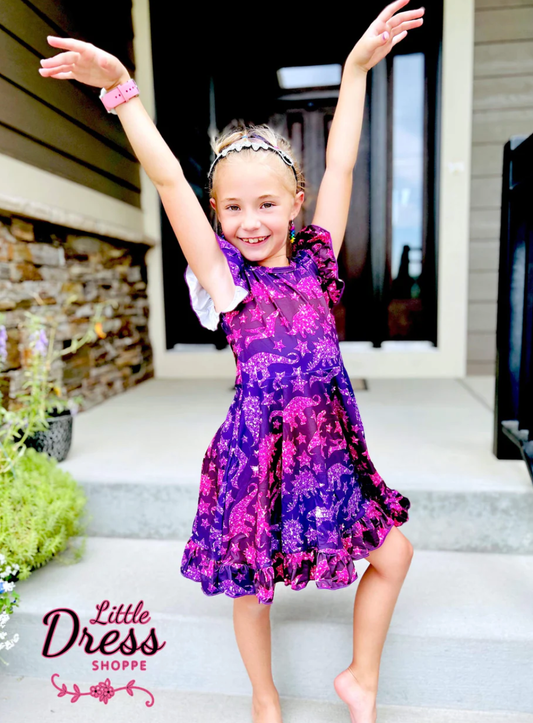 Sparkly Dino Flutter Sleeve Twirl Dress